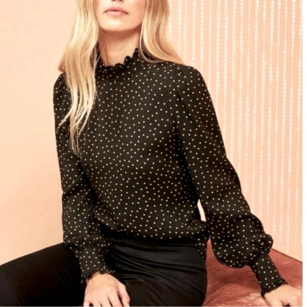 Reformation Tali Black with yellow polka dot blouse size XL